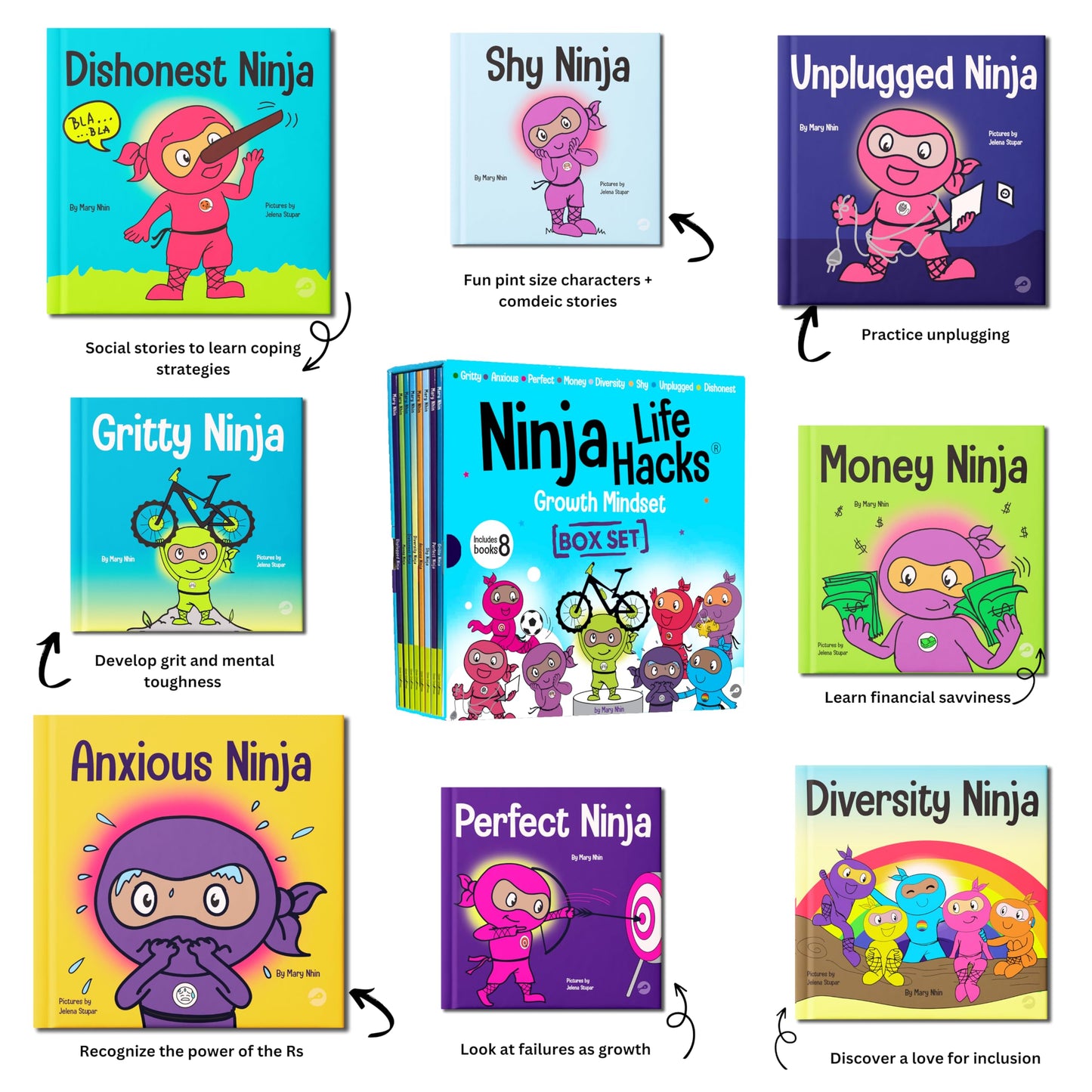 Ninja Life Hacks Growth Mindset 8 Book Box Set (Books 9-16: Perfect, Money, Anxious, Gritty, Dishonest, Shy, Unplugged, Diversity)