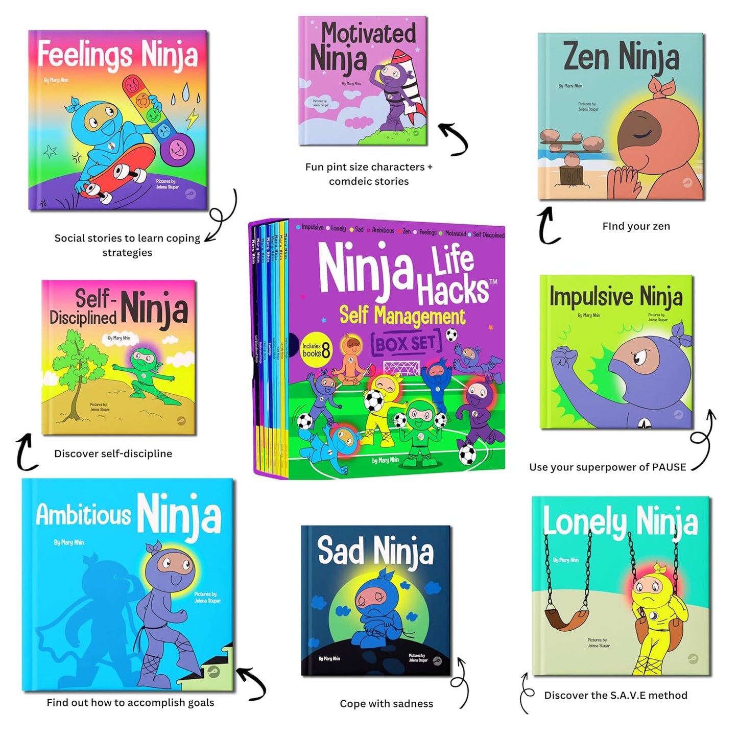 Ninja Life Hacks Self Management 8 Book Box Set (Books 33-40: Impulsive, Lonely, Sad, Ambitious, Zen, Feelings, Motivated, Self Disciplined)