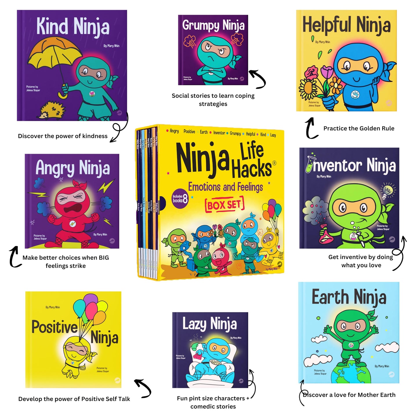 Ninja Life Hacks Emotions and Feelings 8 Book Box Set (Books 1-8: Angry, Inventor, Positive, Lazy, Helpful, Earth, Grumpy, Kind)